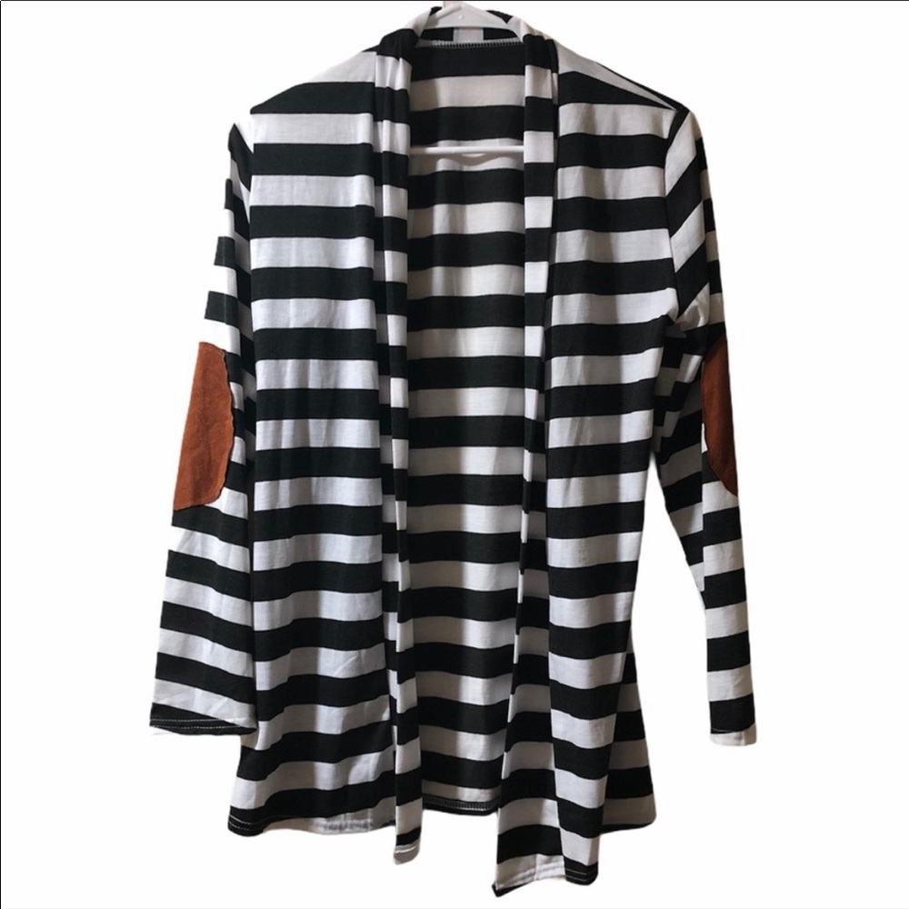 Black and White Striped Cardigan with Elbow Patch